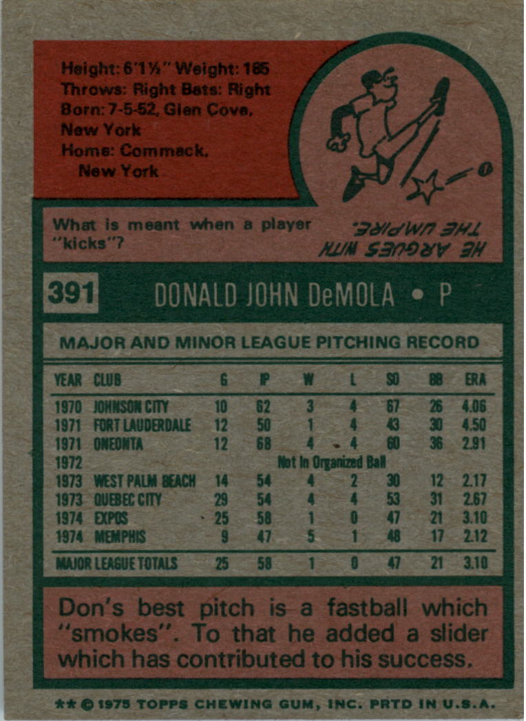 1975 Topps #391 Don DeMola RC back image