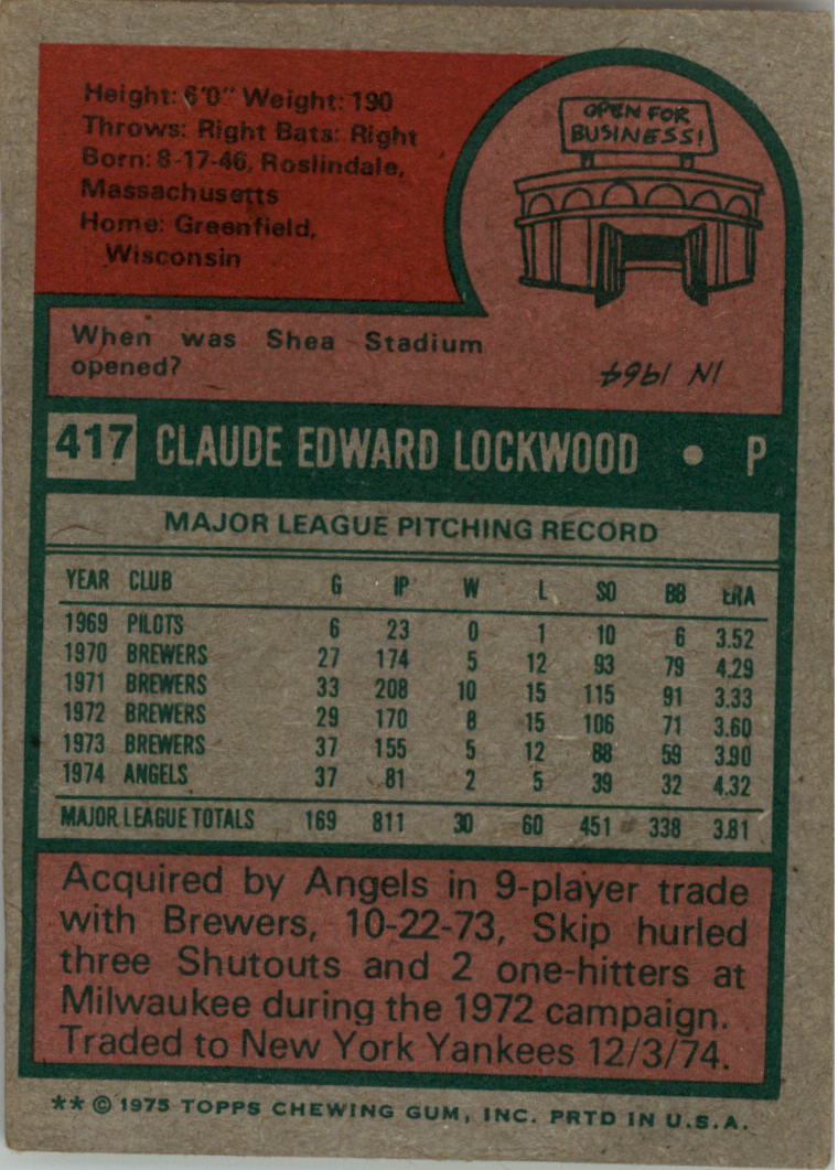 1975 Topps #417 Skip Lockwood back image