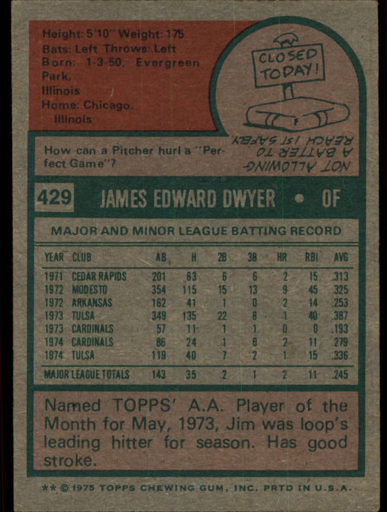 1975 Topps #429 Jim Dwyer RC back image