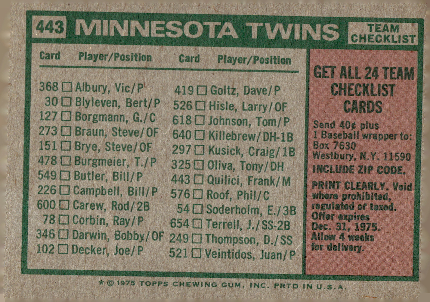 1975 TOPPS BASEBALL ASSORTED SINGLES U-PICK #412-506 - Picture 155 of 500