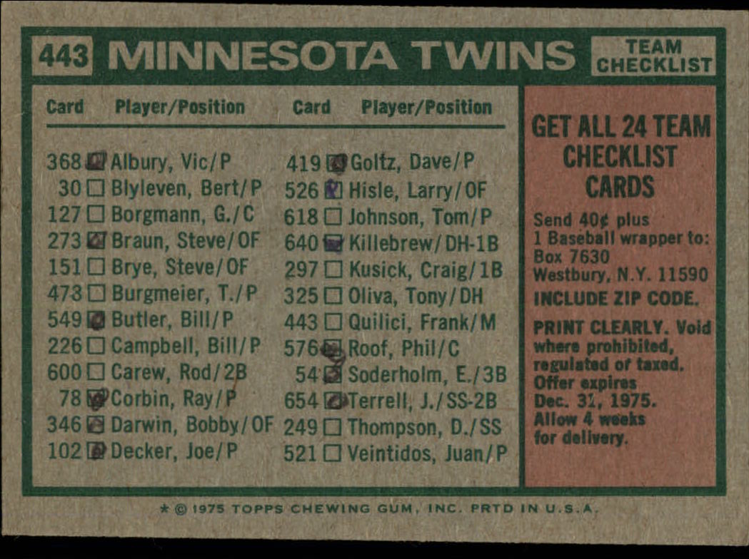 1975 TOPPS BASEBALL ASSORTED SINGLES U-PICK #412-506 - Picture 151 of 500