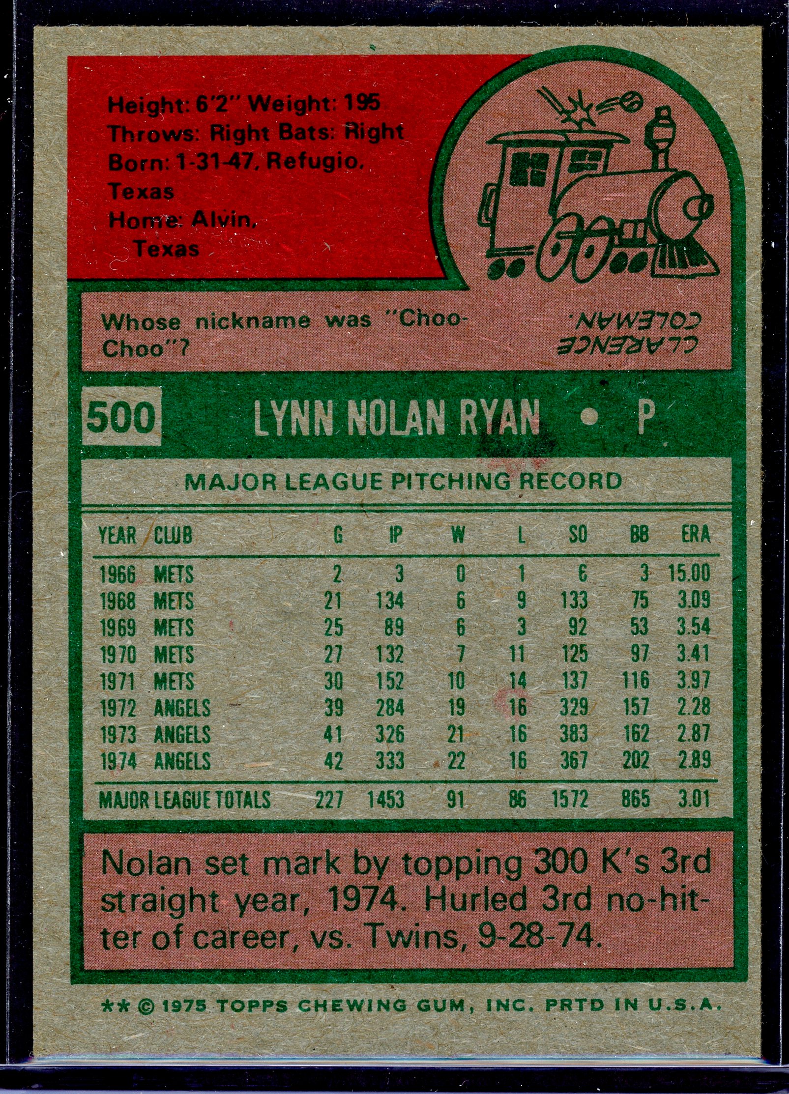 1975 Topps #500 Nolan Ryan back image