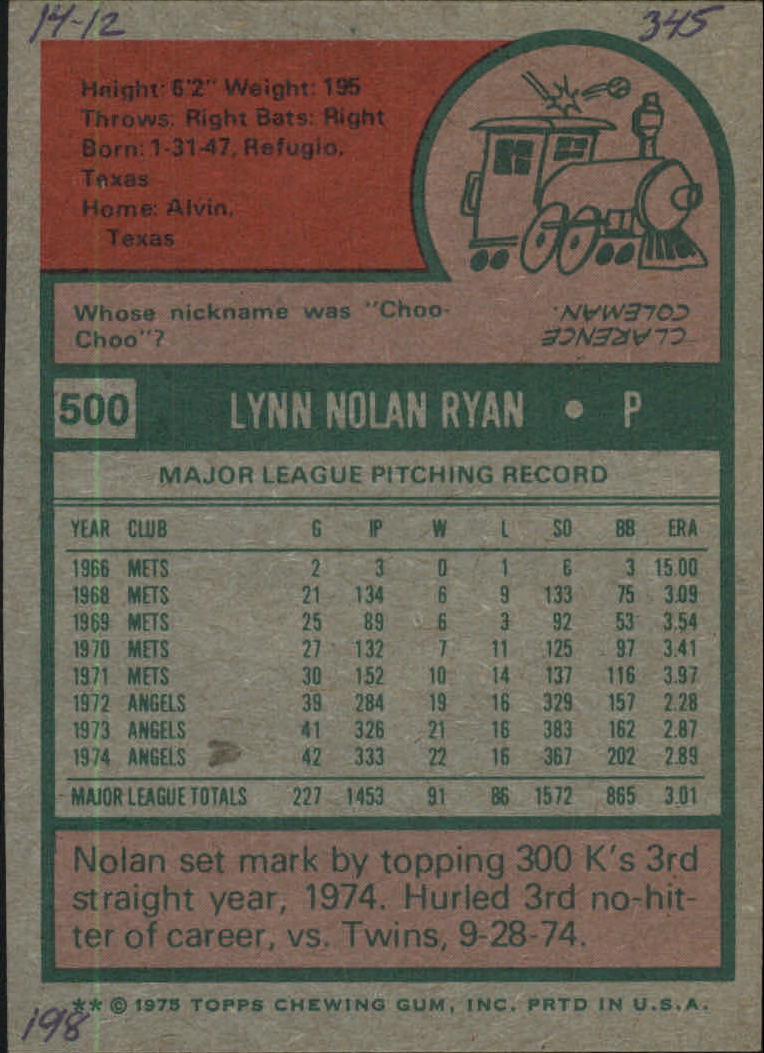 1975 Topps #500 Nolan Ryan back image