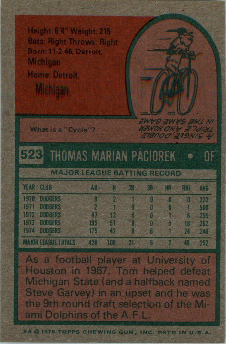 1975 Topps #523 Tom Paciorek back image