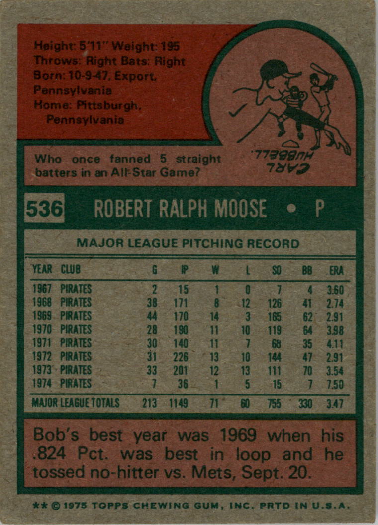 1975 Topps #536 Bob Moose back image