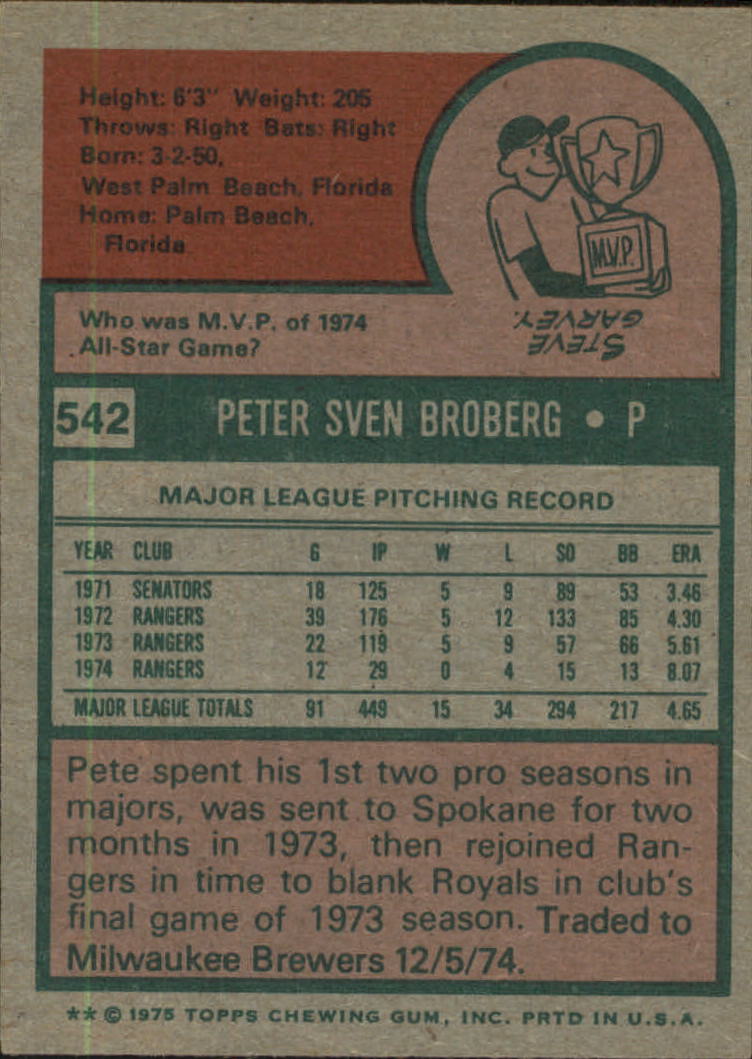 1975 Topps #542 Pete Broberg back image