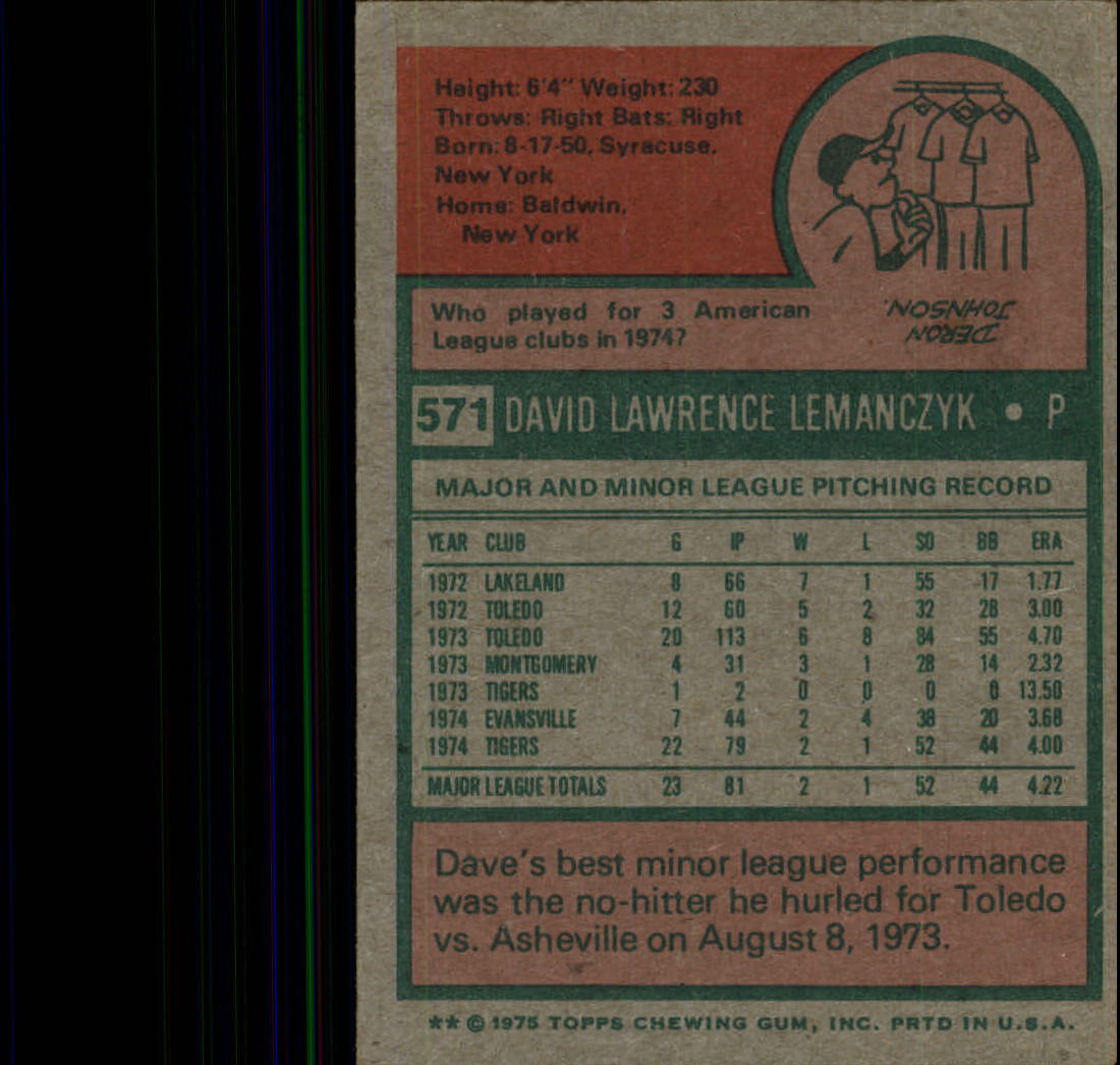 1975 Topps #571 Dave Lemanczyk RC back image
