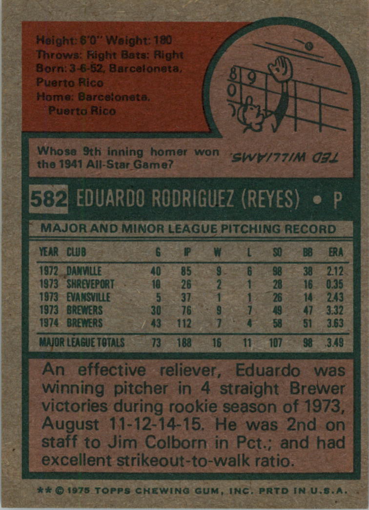 1975 Topps #582 Eduardo Rodriguez back image