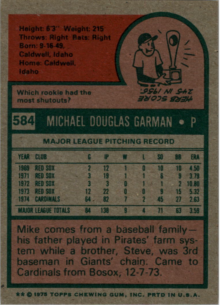 1975 Topps #584 Mike Garman back image