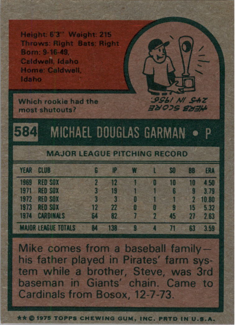 1975 Topps #584 Mike Garman back image