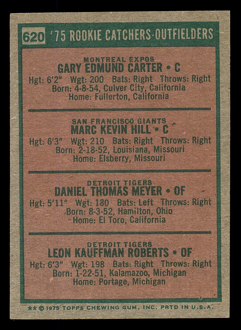1975 Topps #620 Rookie Catchers and Outfielders/Gary Carter RC/Marc Hill RC/Danny Meyer RC/Leon Roberts RC back image