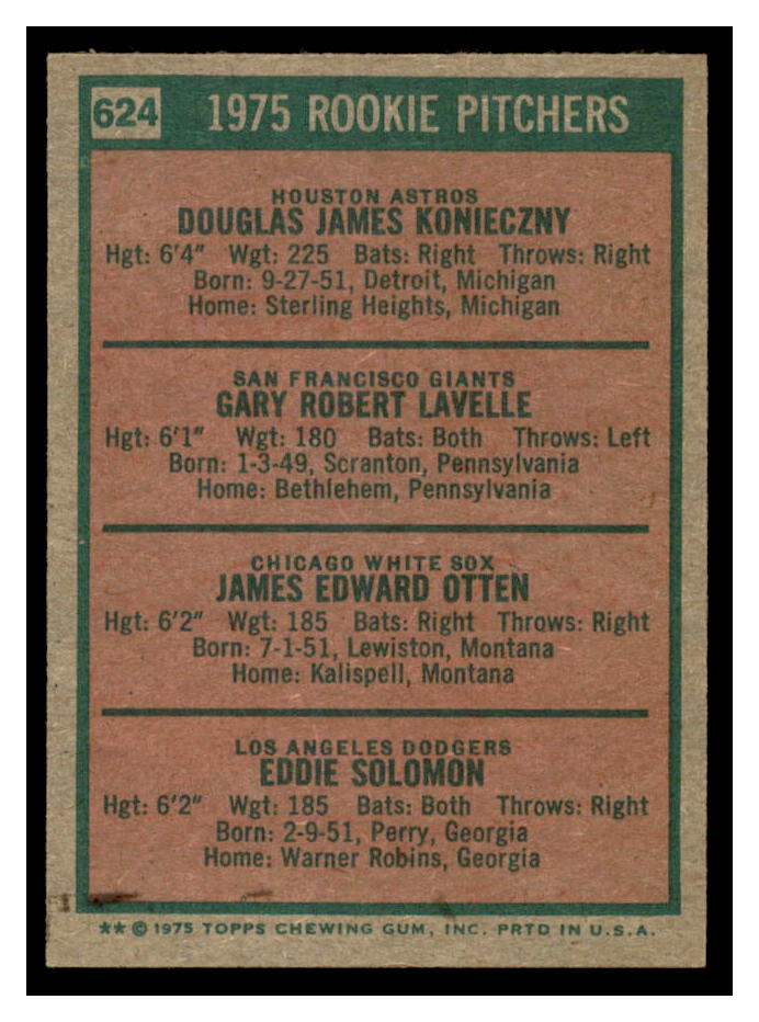 1975 Topps #624 Rookie Pitchers/Doug Konieczny RC/Gary Lavelle RC/Jim Otten RC/Eddie Solomon RC back image