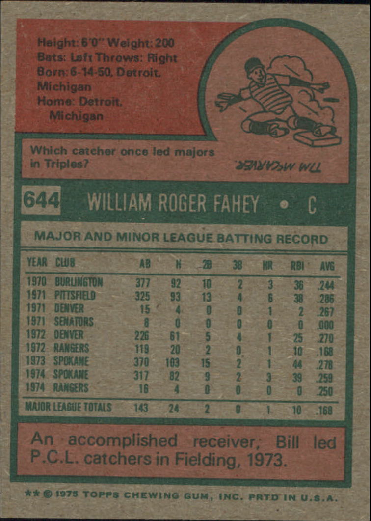1975 Topps #644 Bill Fahey back image