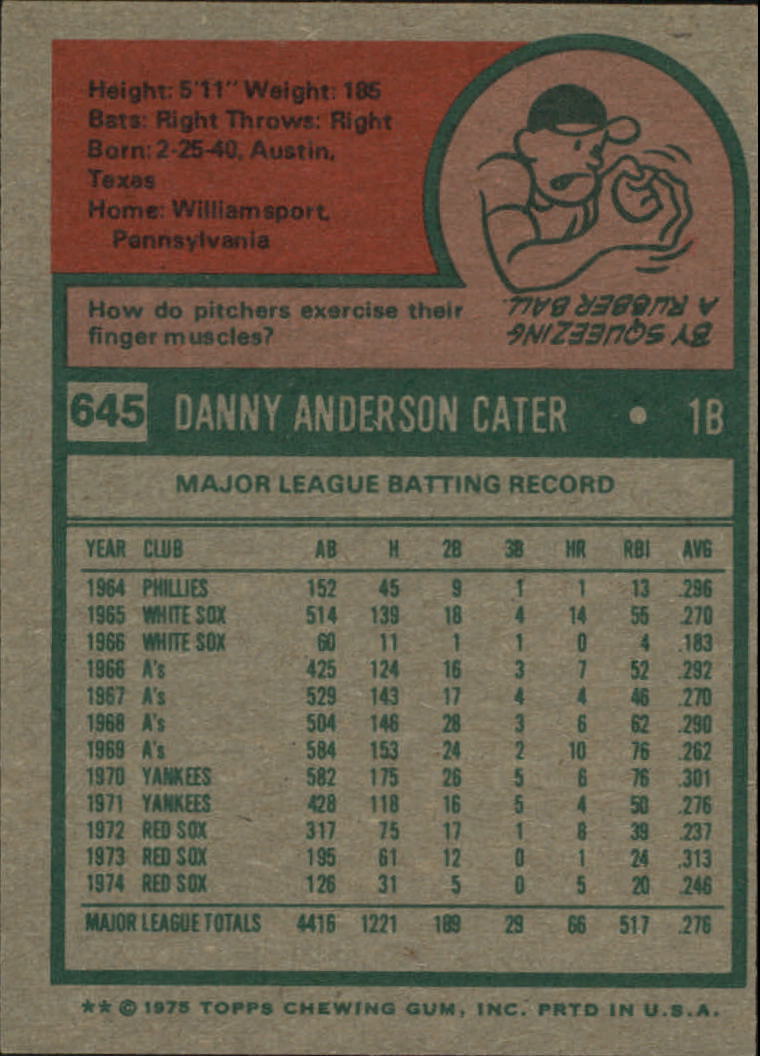 1975 Topps #645 Danny Cater back image