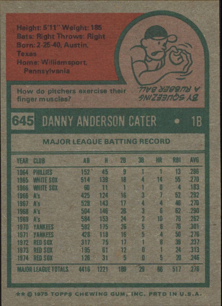 1975 Topps #645 Danny Cater back image