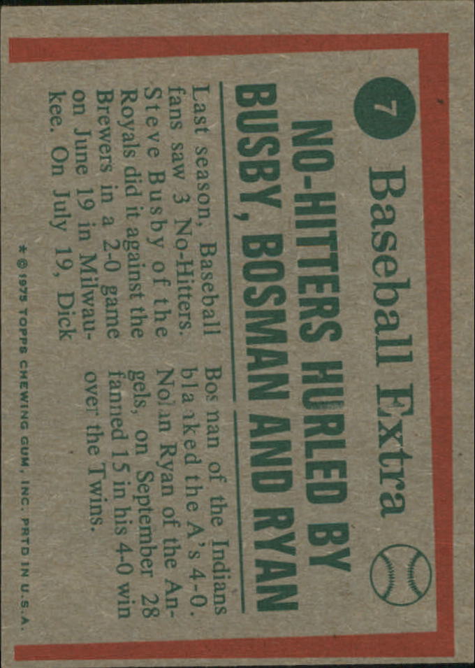 1975 Topps Mini #7 Steve Busby HL/Dick Bosman/Nolan Ryan back image