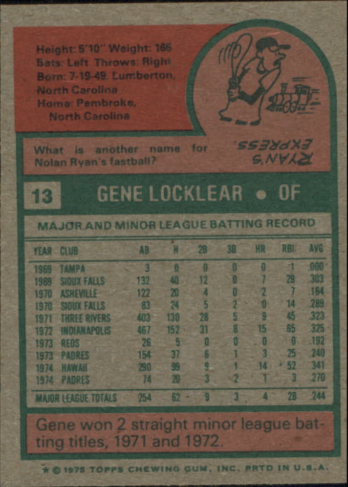 1975 Topps Mini #13 Gene Locklear RC back image