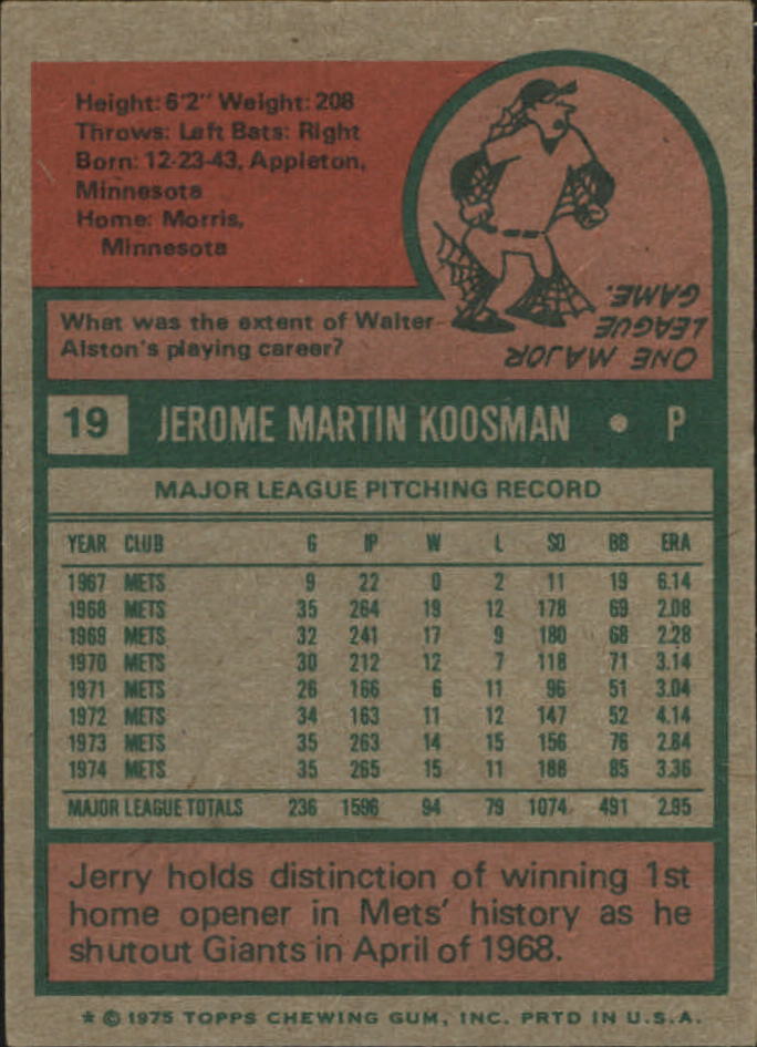 1975 Topps Mini #19 Jerry Koosman back image