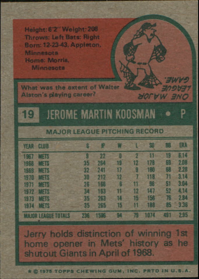 1975 Topps Mini #19 Jerry Koosman back image
