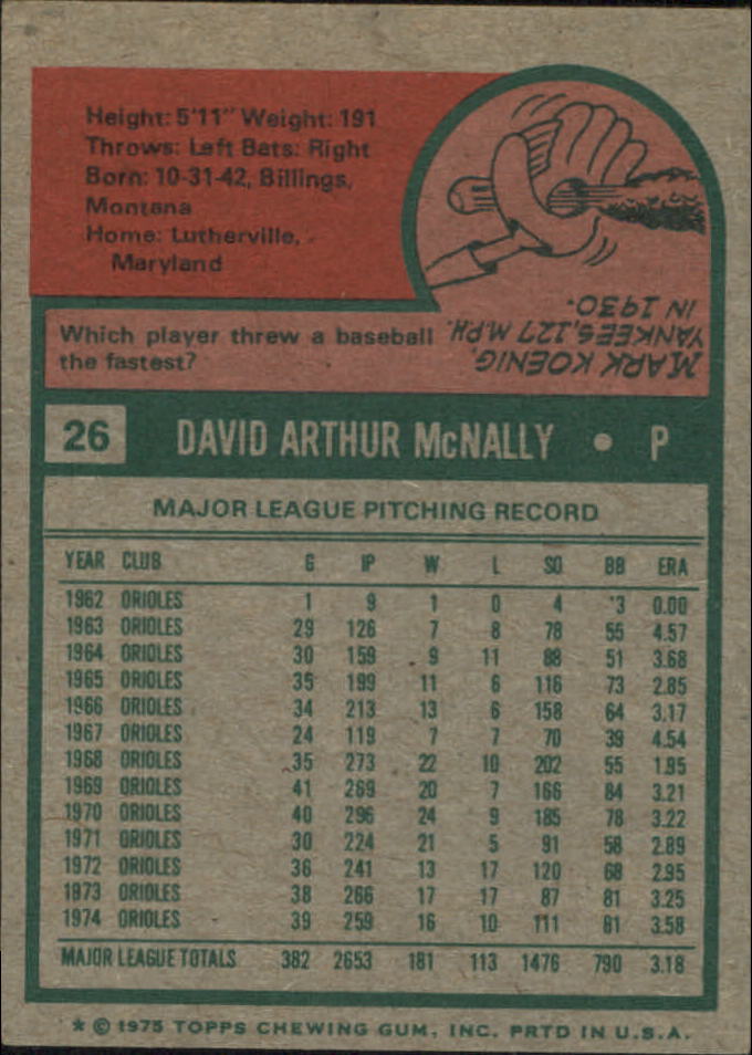 1975 Topps Mini #26 Dave McNally back image
