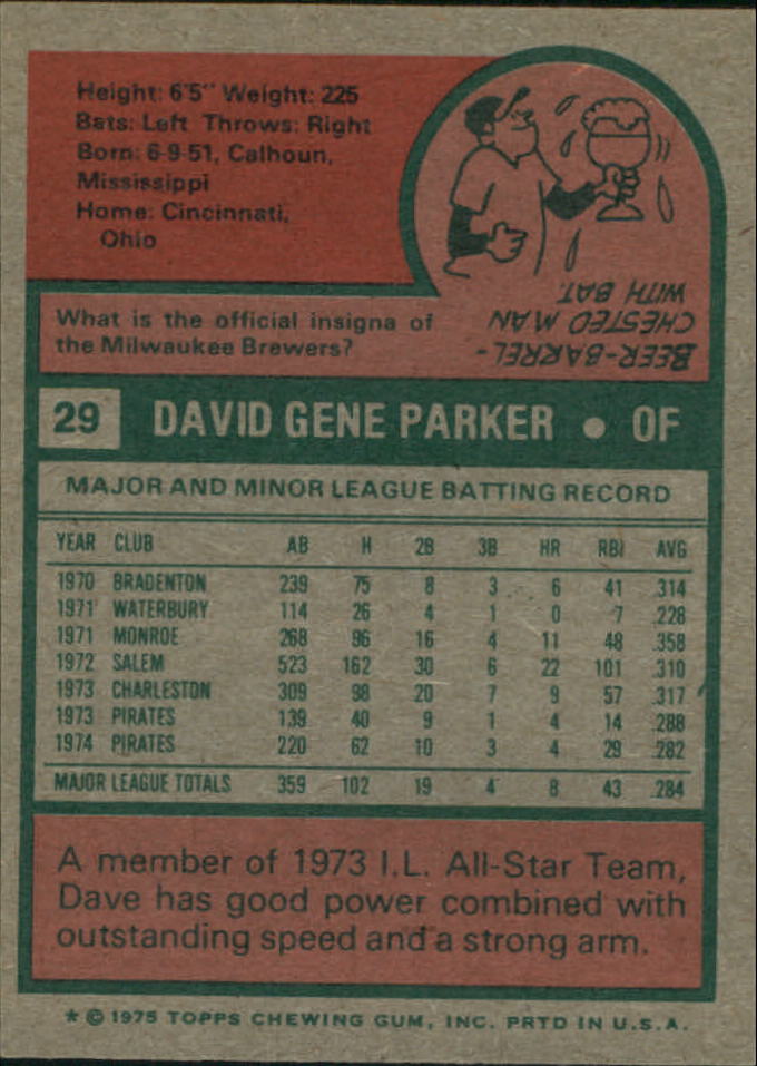 1975 Topps Mini #29 Dave Parker back image