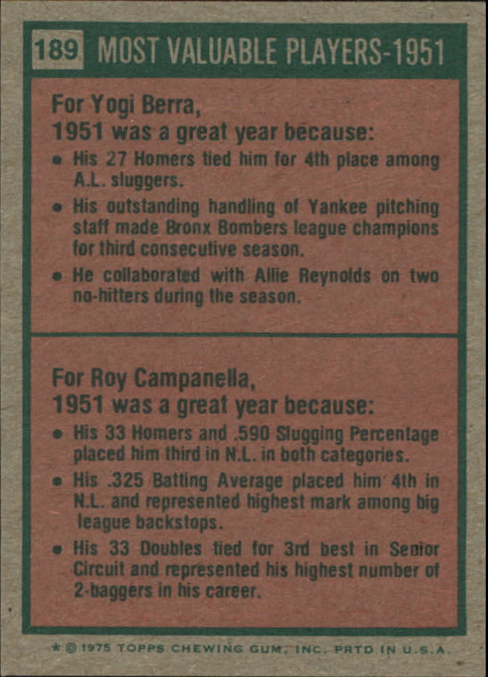 1975 Topps Mini #189 Yogi Berra/Roy Campanella MVP/Campanella card never issued back image