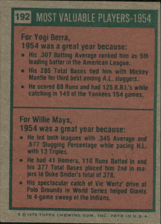 1975 Topps Mini #192 Yogi Berra/Willie Mays MVP back image