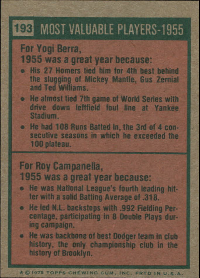 1975 Topps Mini #193 Yogi Berra/Roy Campanella MVP/Campanella card never issued/he is pictured with LA cap back image