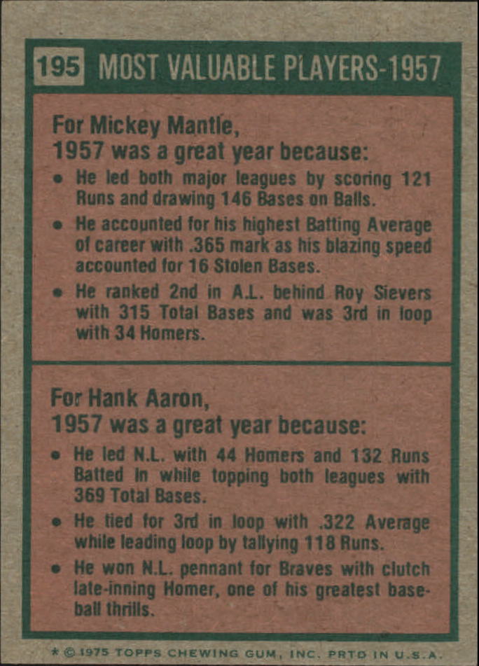 1975 Topps Mini #195 Mickey Mantle/Hank Aaron MVP back image