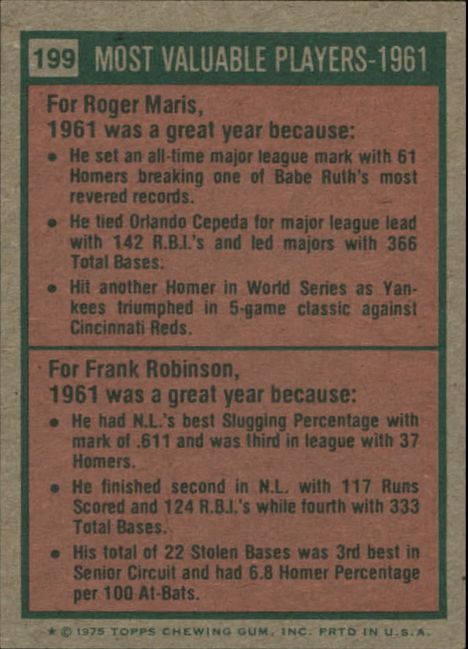 1975 Topps Mini #199 Roger Maris/Frank Robinson MVP back image
