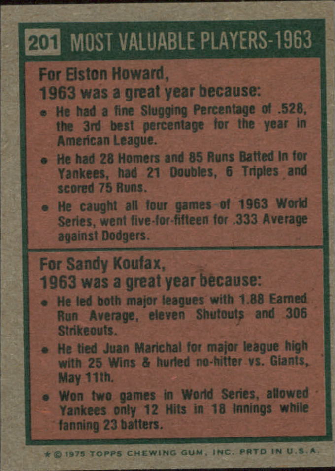 1975 Topps Mini #201 Elston Howard/Sandy Koufax MVP back image