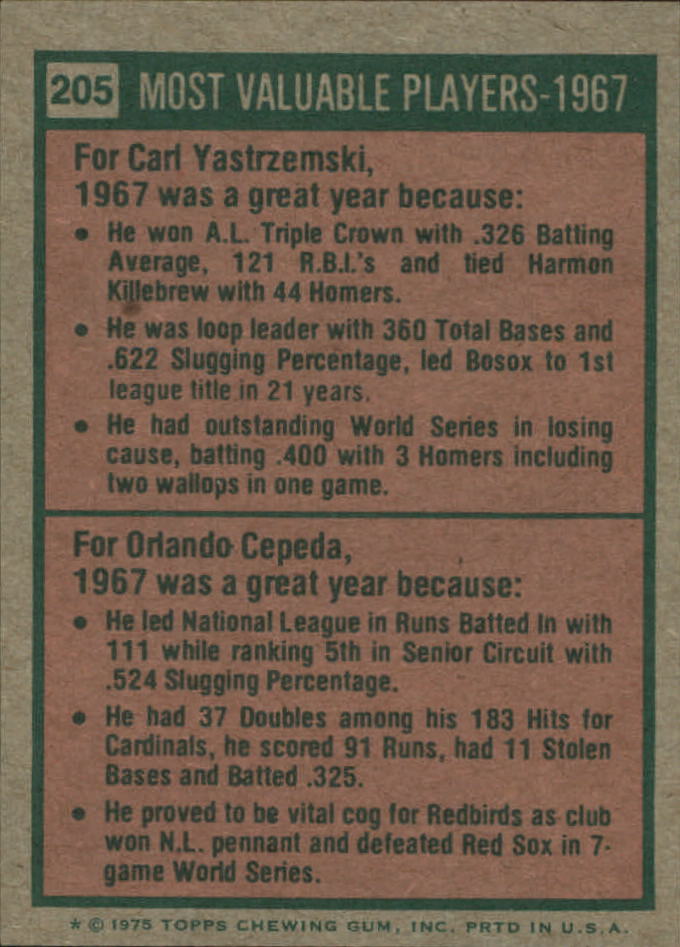 1975 Topps Mini #205 Carl Yastrzemski/Orlando Cepeda MVP back image