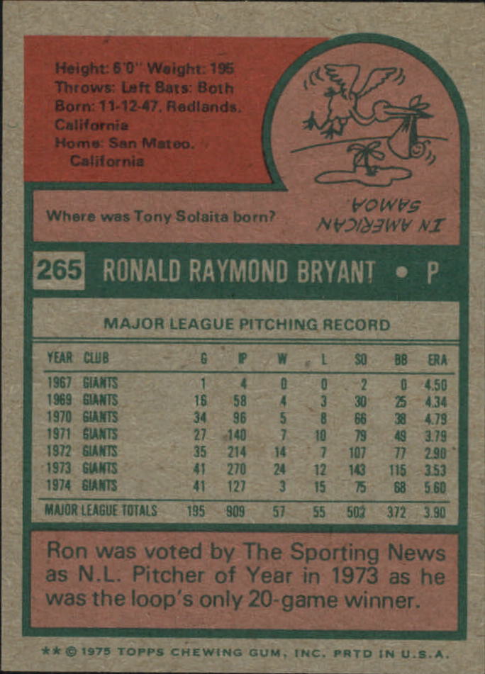 1975 Topps Mini #265 Ron Bryant back image