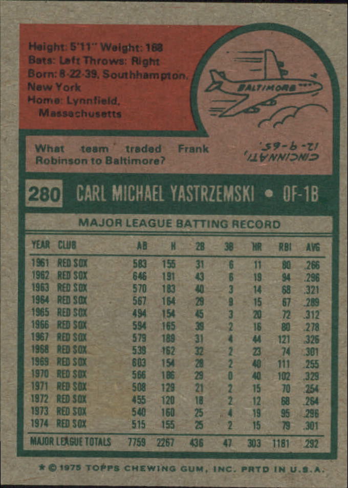 1975 Topps Mini #280 Carl Yastrzemski back image