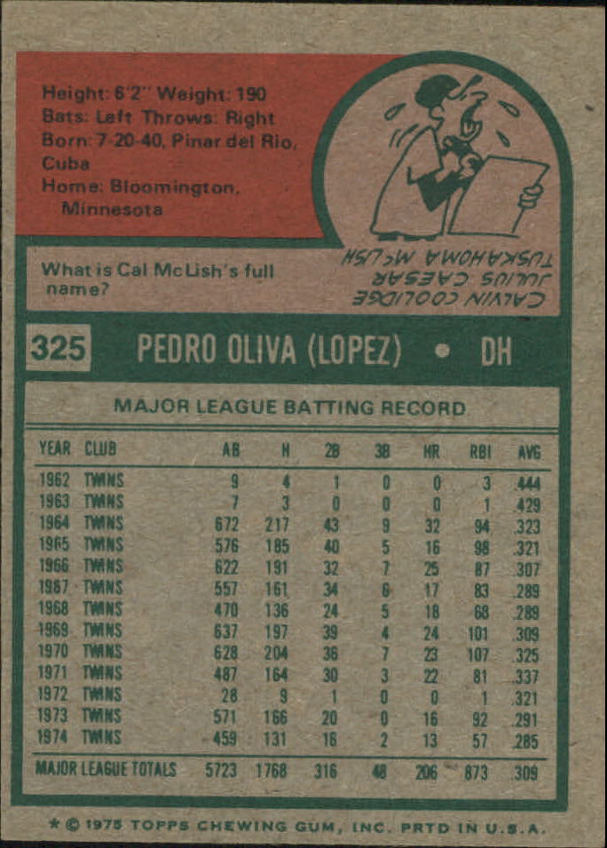 1975 Topps Mini #325 Tony Oliva back image