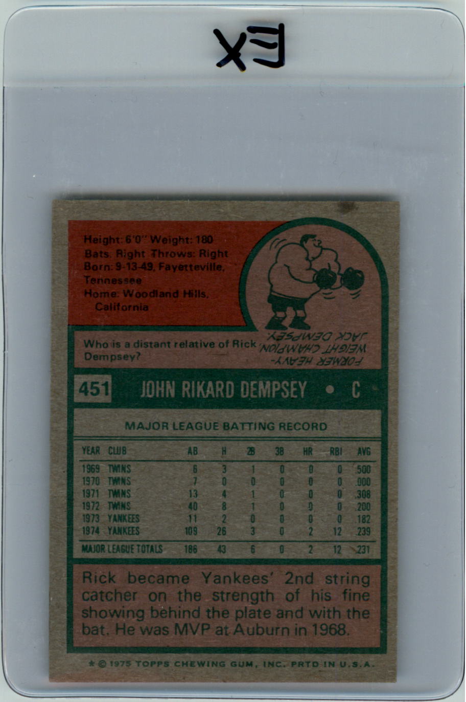1975 Topps Mini #451 Rick Dempsey back image