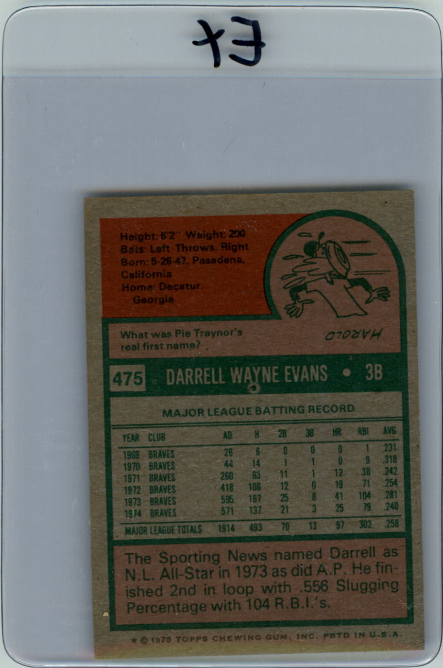 1975 Topps Mini #475 Darrell Evans back image