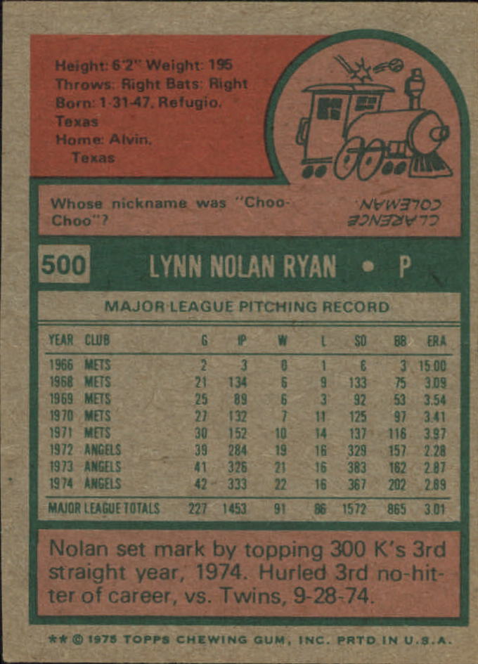 1975 Topps Mini #500 Nolan Ryan back image