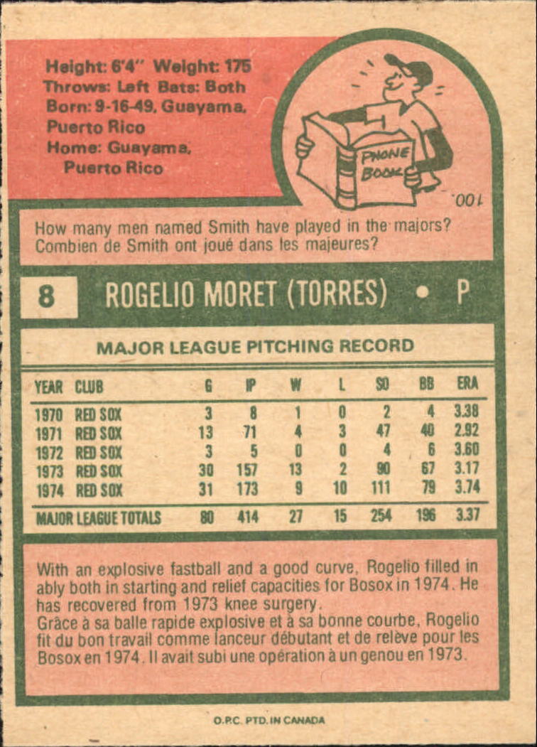 1975 O-Pee-Chee #8 Rogelio Moret back image