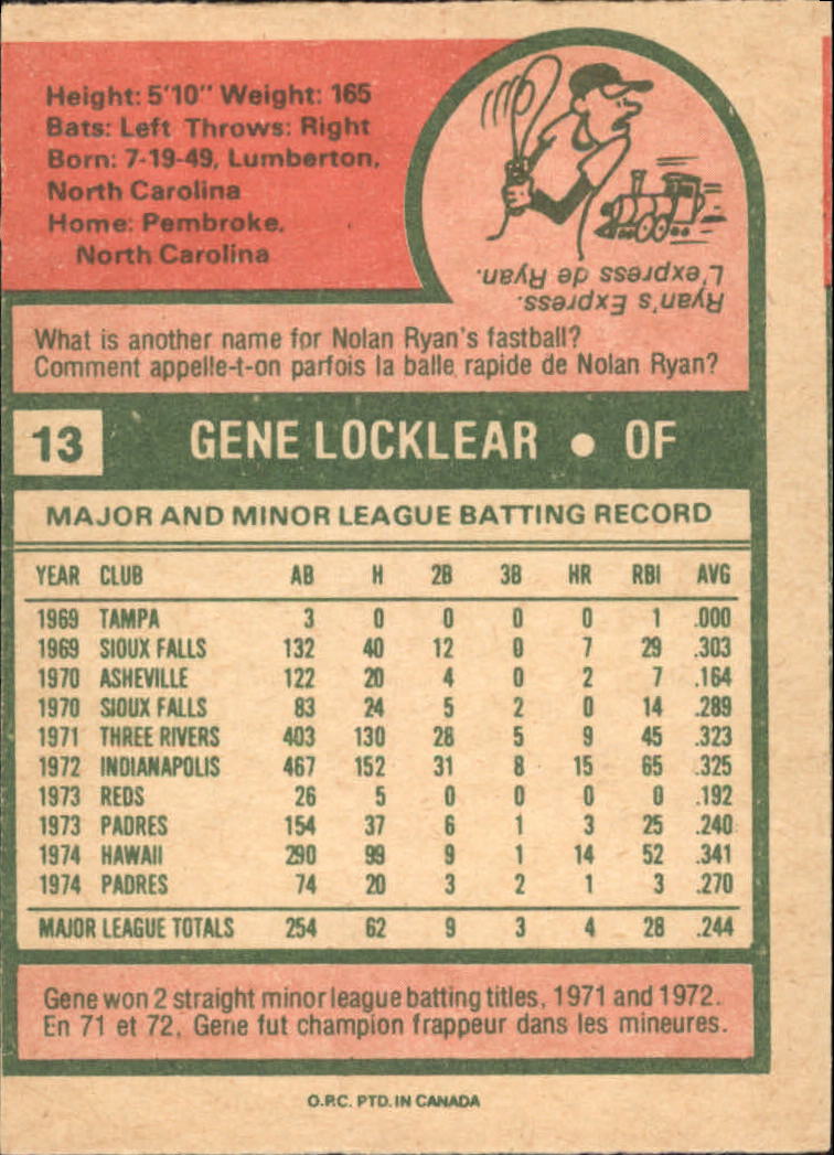 1975 O-Pee-Chee #13 Gene Locklear back image