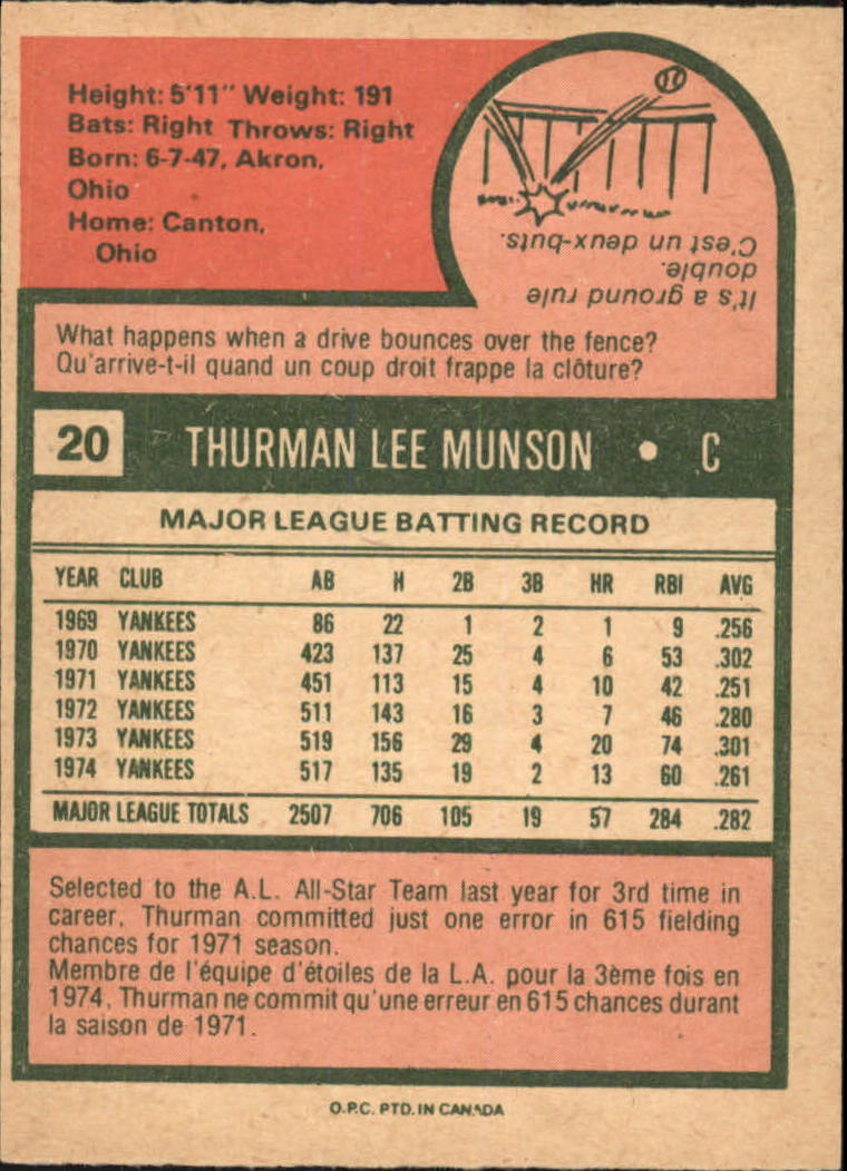 1975 O-Pee-Chee #20 Thurman Munson back image