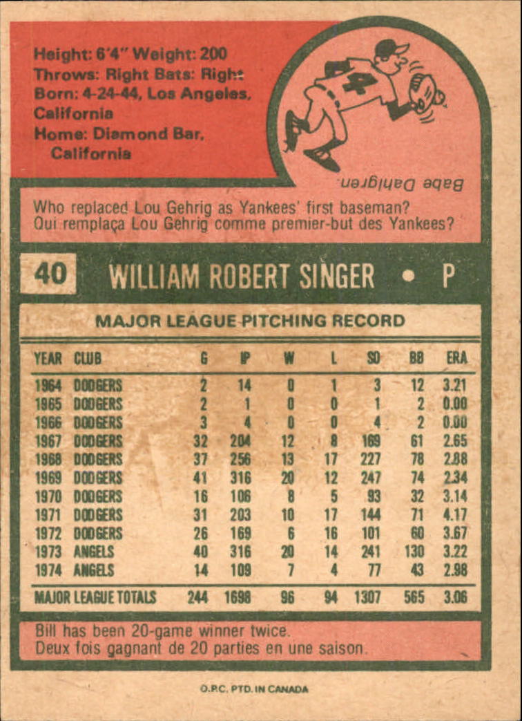 1975 O-Pee-Chee #40 Bill Singer back image