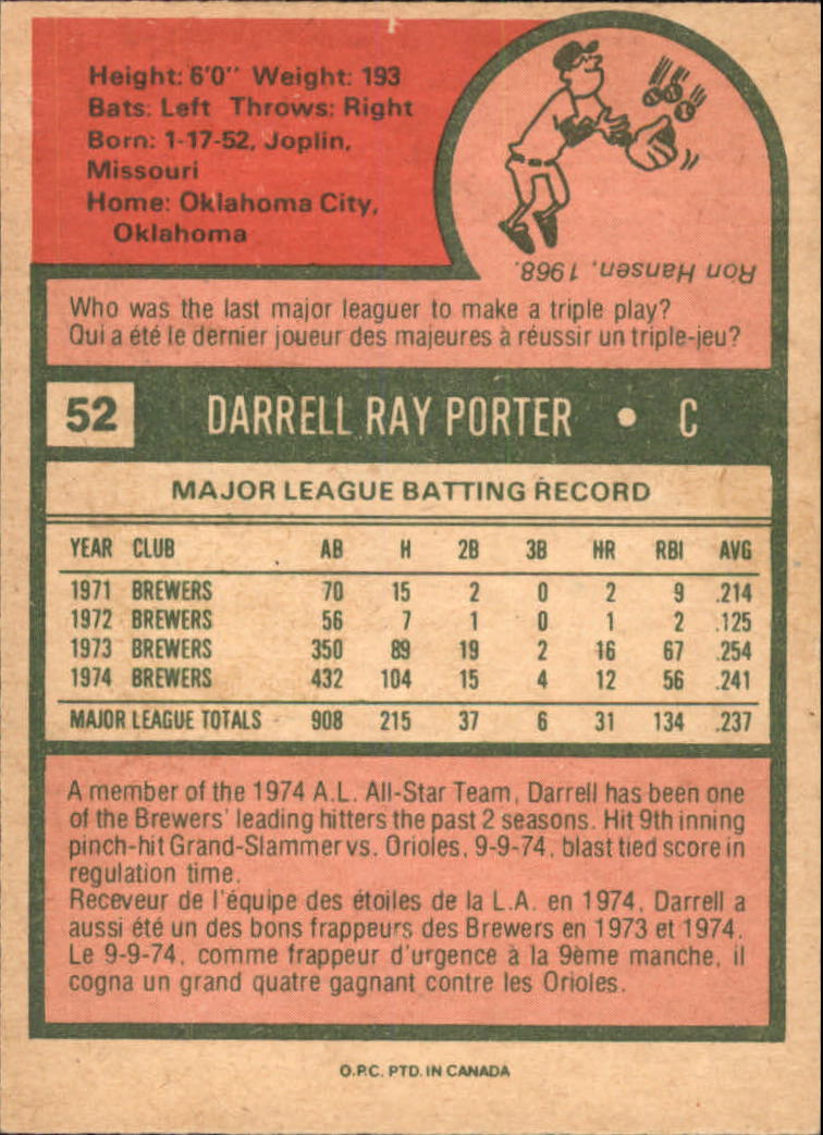 1975 O-Pee-Chee #52 Darrell Porter back image