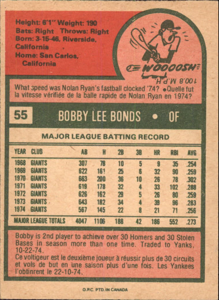 1975 O-Pee-Chee #55 Bobby Bonds back image