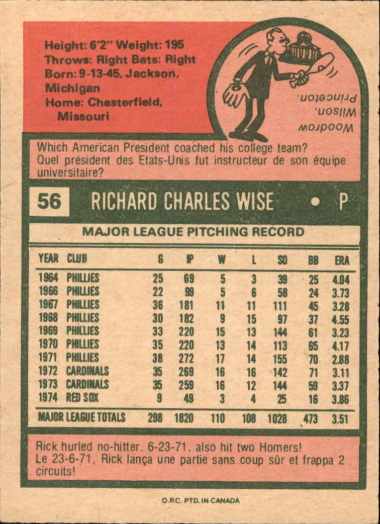 1975 O-Pee-Chee #56 Rick Wise back image