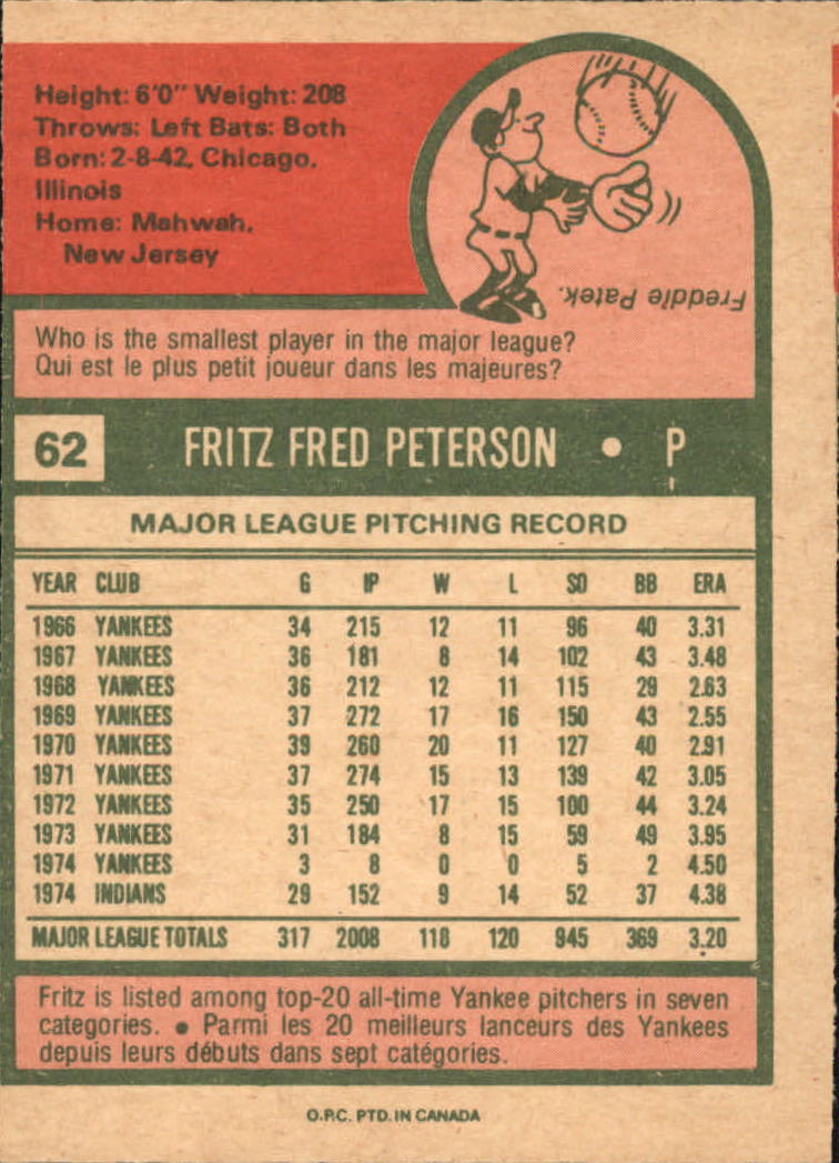 1975 O-Pee-Chee #62 Fritz Peterson back image