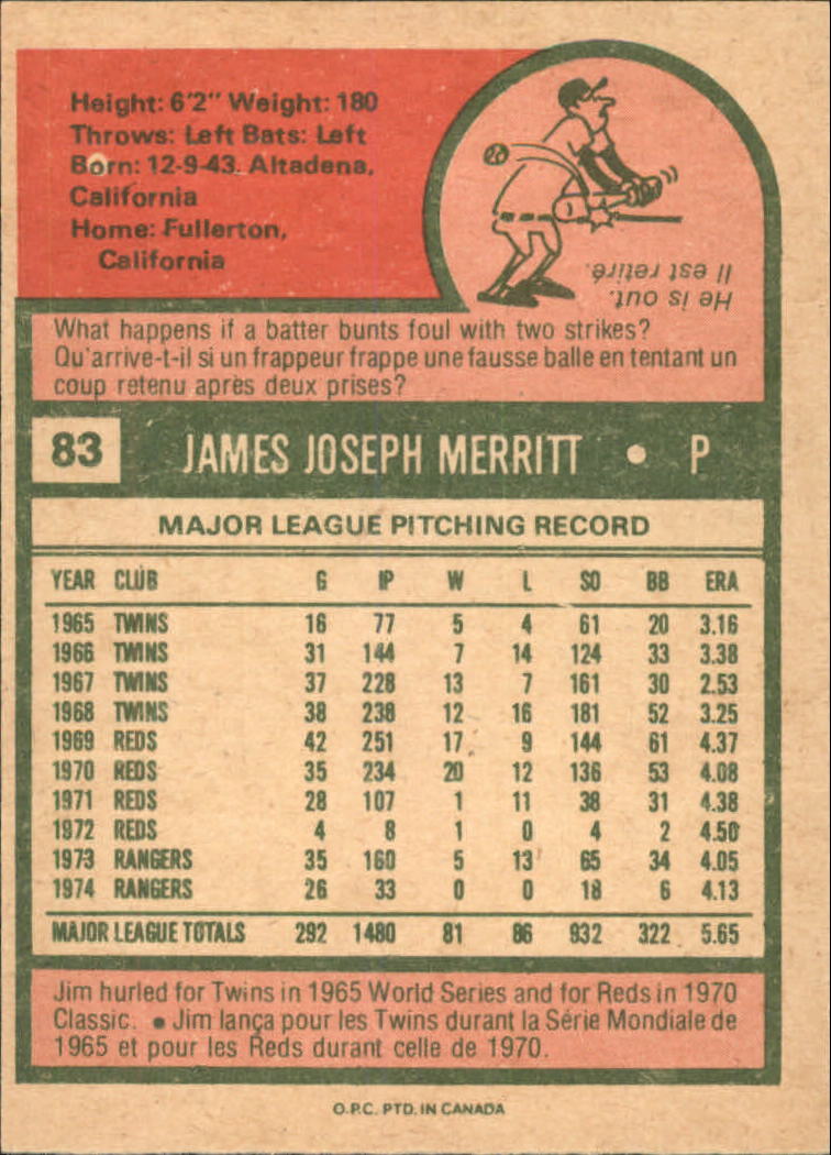 1975 O-Pee-Chee #83 Jim Merritt back image