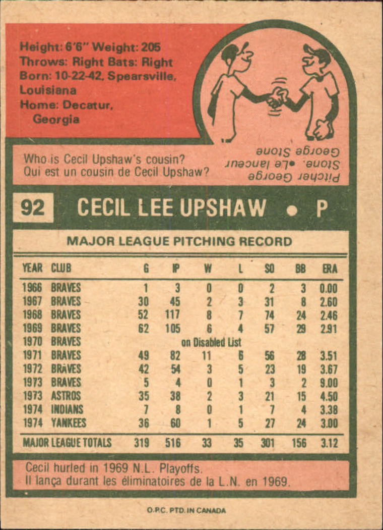1975 O-Pee-Chee #92 Cecil Upshaw back image