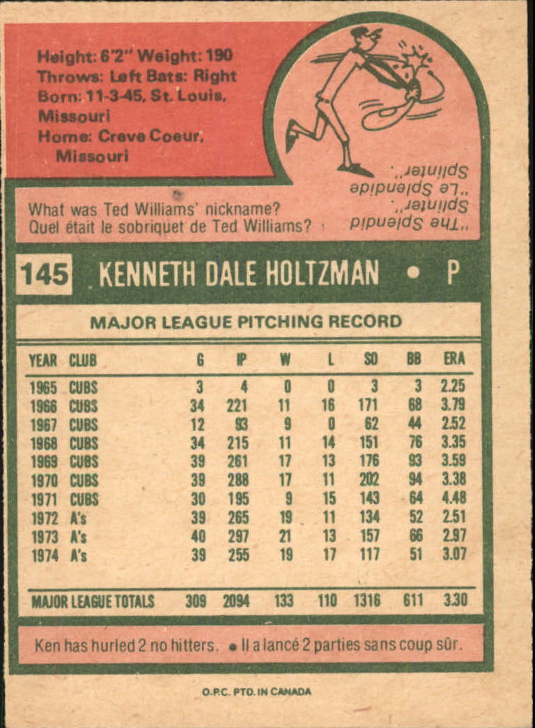 1975 O-Pee-Chee #145 Ken Holtzman back image