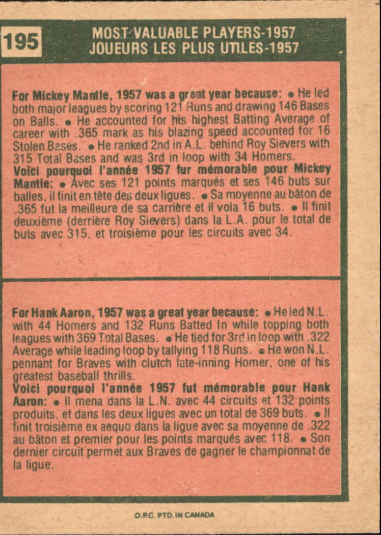 1975 O-Pee-Chee #195 Mickey Mantle/H.Aaron MV back image